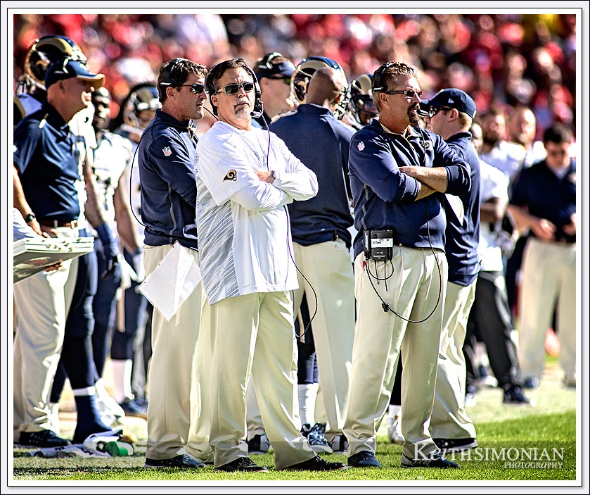 Rams head Jeff Fisher in white shirt and cool sunglasses during the 2014 meeting between the St. Louis Rams and San Francisco 49ers at Levi's Stadium