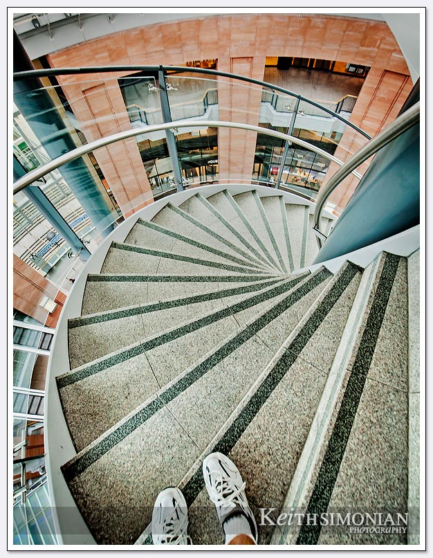 Staircase leading to viewing platform of shopping center in Belfast Ireland