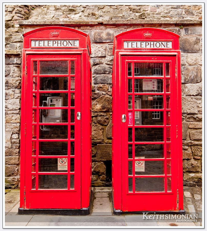 Iconic red telephone booths in Edinburgh Scotland