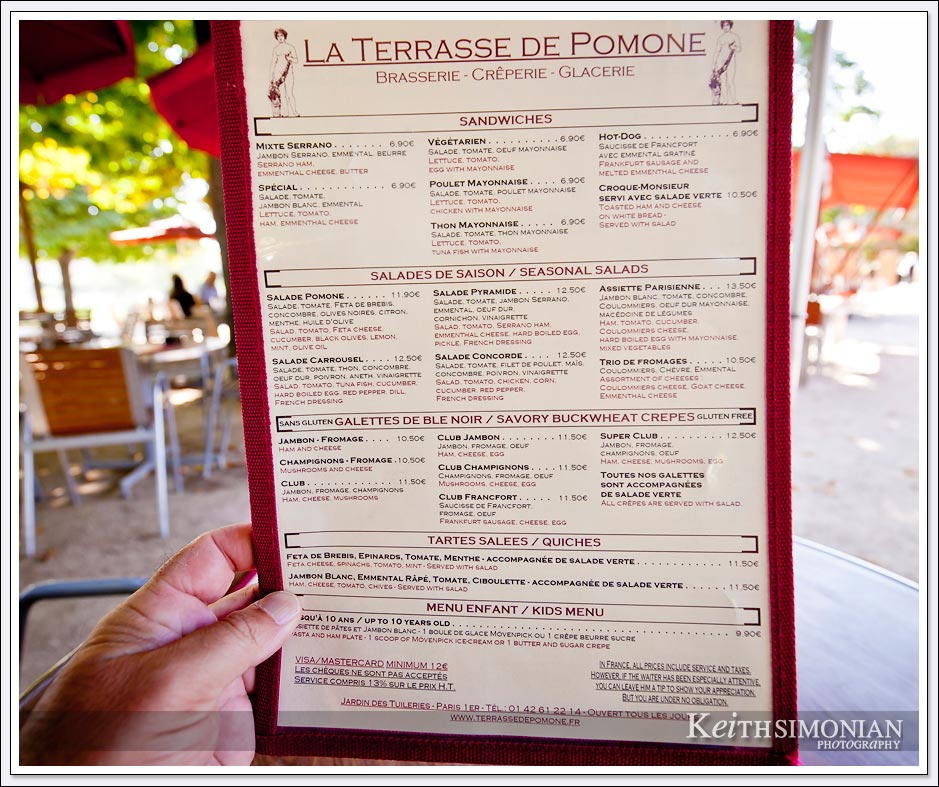 Lunch Menu at La Terrasse de Pomone in Paris France