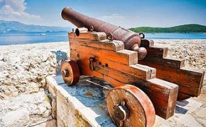 A canon guards the old town portion of Korcula Croatia