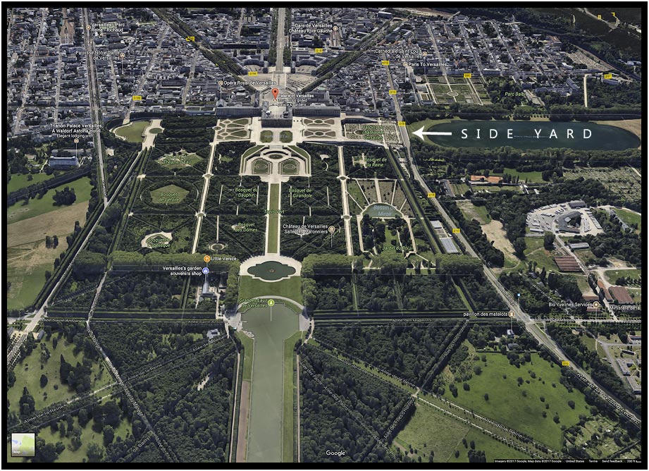 Google map showing the view from above the Gardens of the Palace of Versailles and the Side yard which is really called the Orangerie Parterre