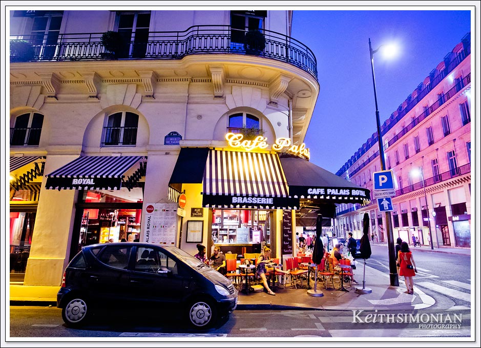 Night view of Cafe Palais Royal in Paris France