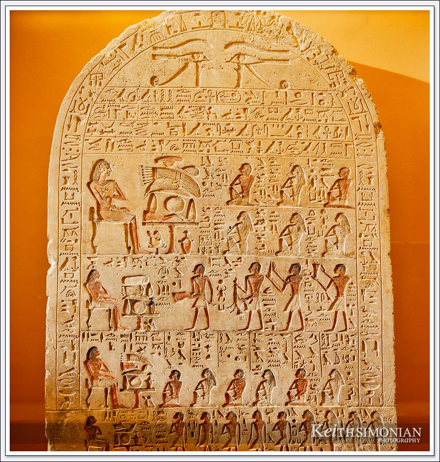 Stone tablet with Egyptian hieroglyphics in the Louvre Museum - Paris France