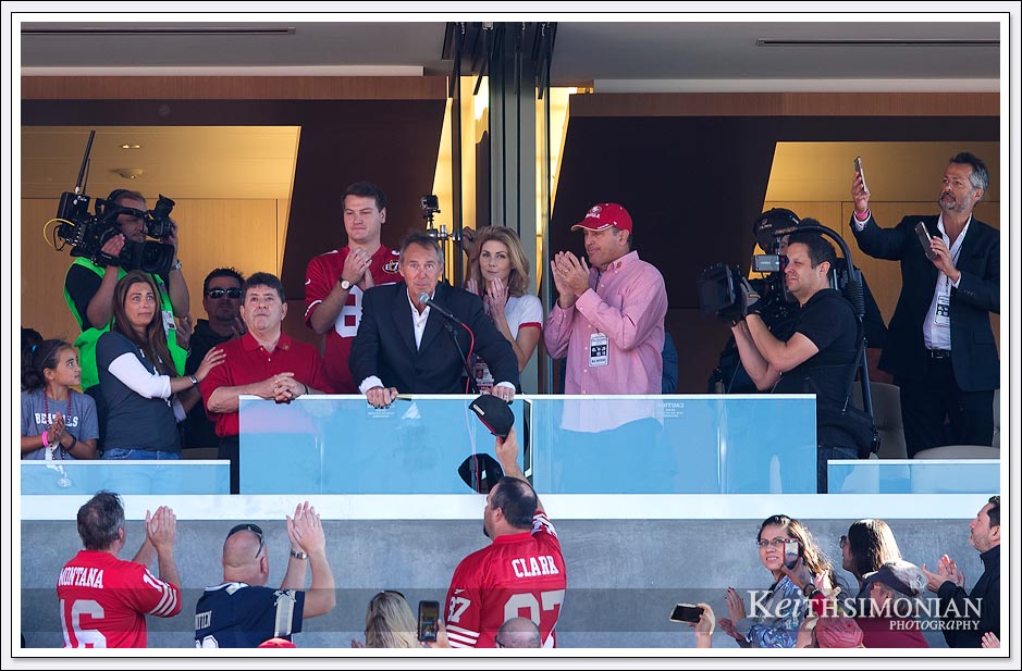 Dwight Clark speaks to the San Francisco 49ers fans on Dwight Clark day October 22, 2017 at Levi's stadium in Santa Clara, CA.