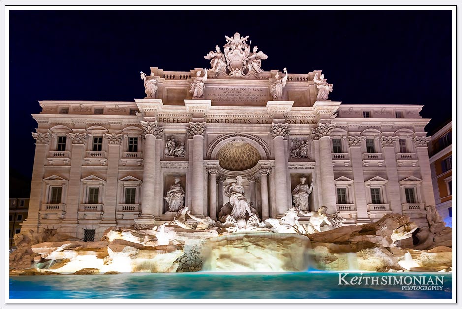 Night time view of the Trevi fountain in Rome Italy