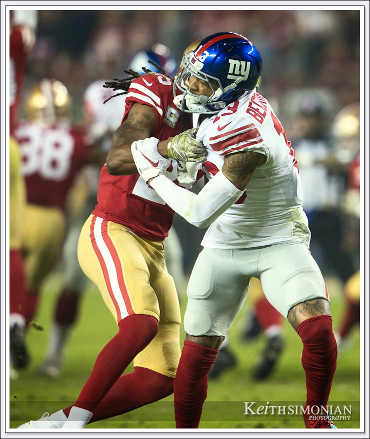 It's hard for Odell Beckham Jr. to get open when the defender grabs him by the shoulder pads - Levi's Stadium, Santa Clara, CA
