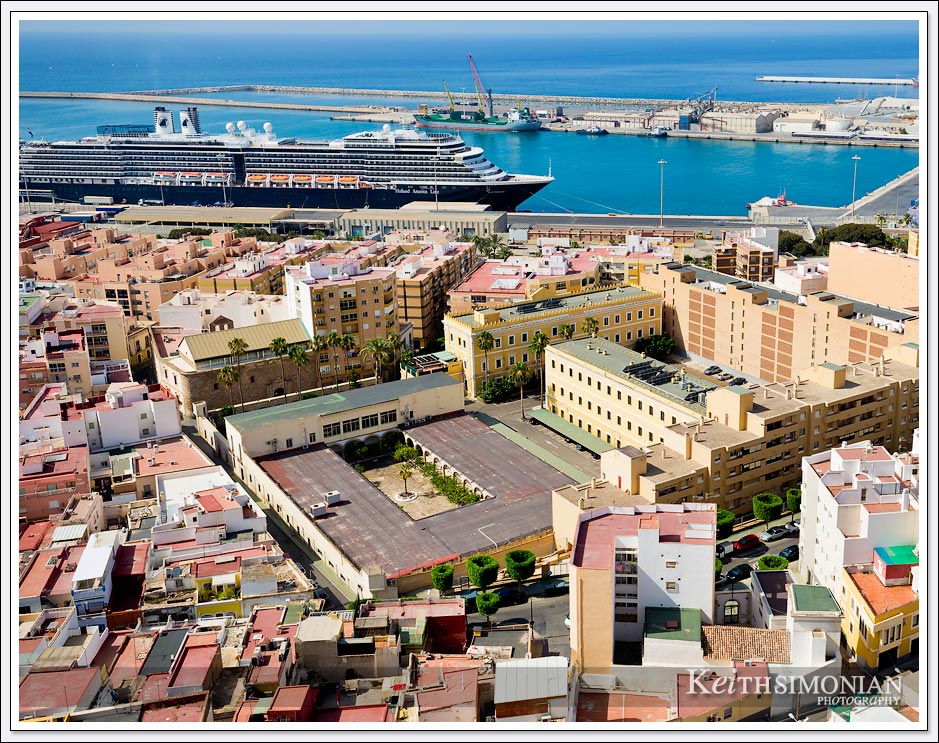 View of Alermia, Spain and Holland America cruise ship docked in port