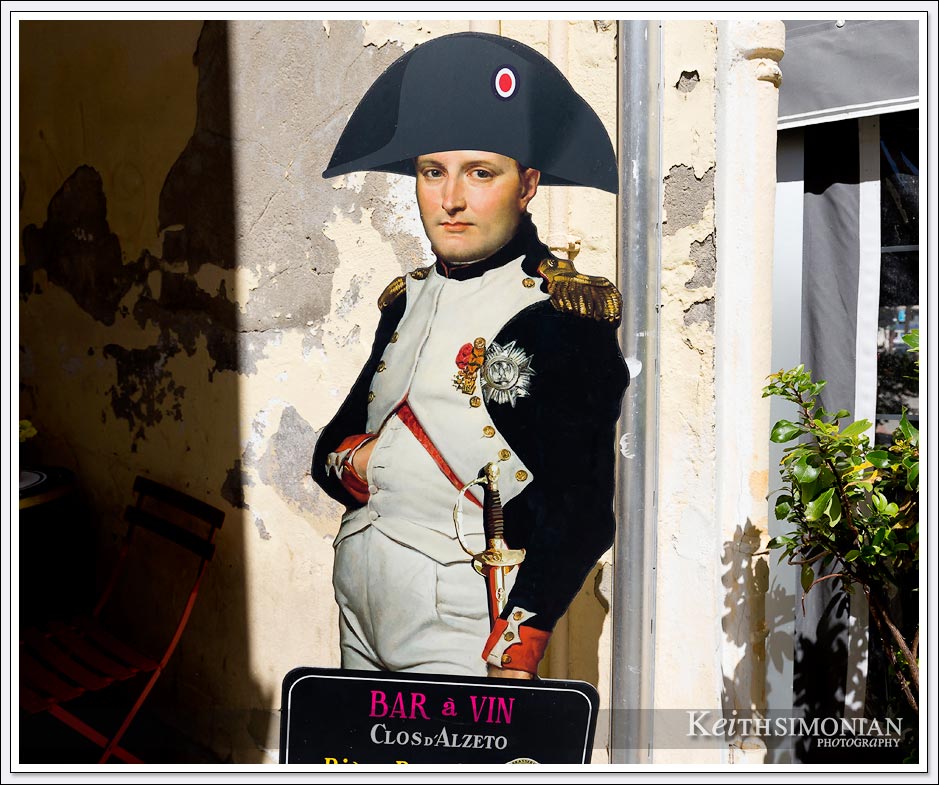 Cafe in Ajaccio, France next to Napoleon's home with life size cutout of the Emperor.