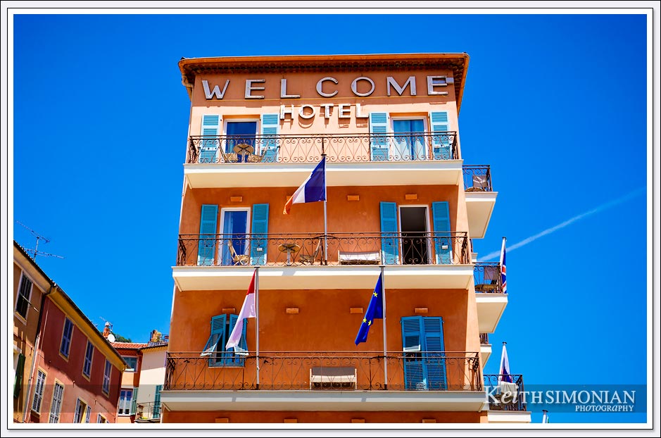 The brightly colored Welcome Hotel in Villefranche, France