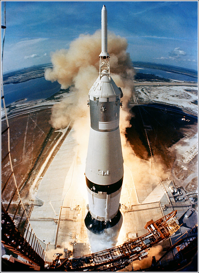 Ultra wide angle photo of Apollo 11 about to leave the tower after launch - Photo by NASA