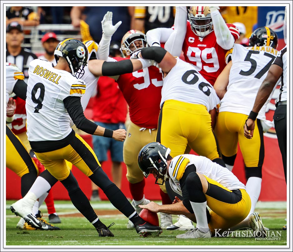 Pittsburgh Steeler kicker #9 Chris Boswell puts his foot into a field goal attempt against the San Francisco 49ers on September 22, 2019 at Levi's stadium.