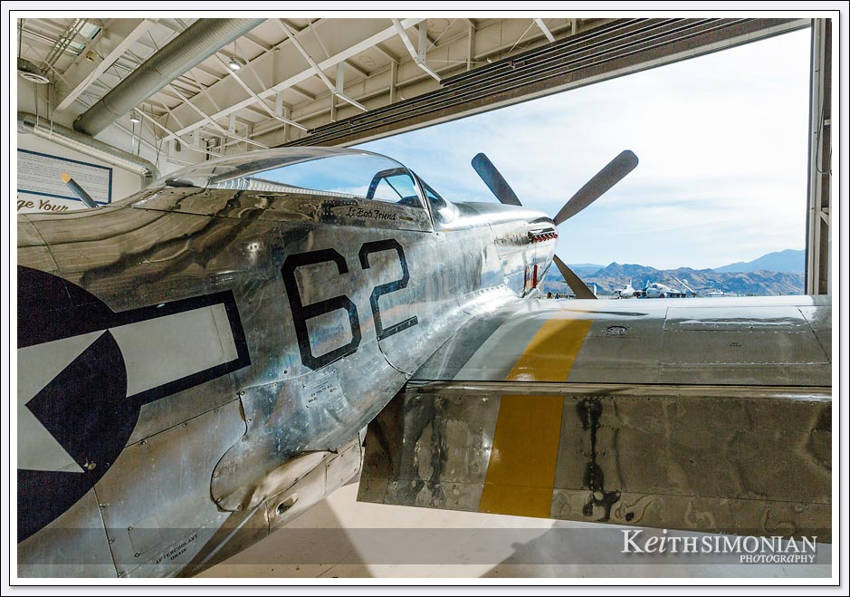 North American P-51 Mustang "Bunny" sits at the edge of the hanger ready to fly - Palm Springs air museum.