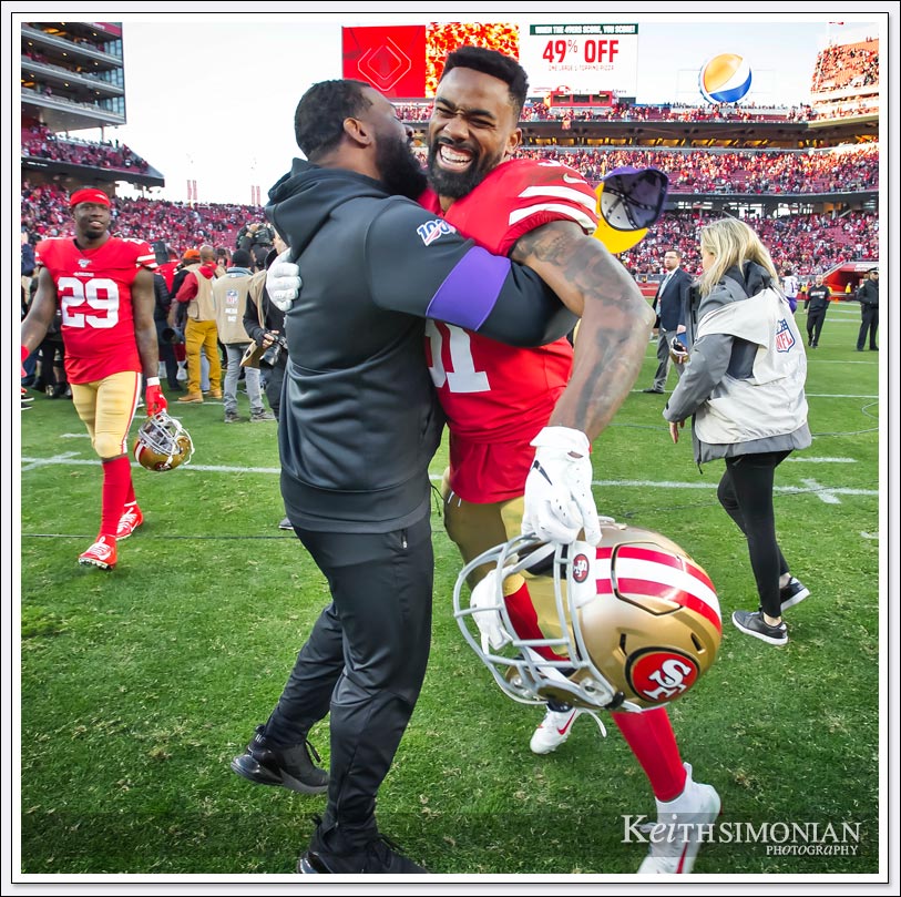 San Francisco 49er running back #31 Raheem Mostert celebrates the 49er victory on the field after the game at Levi's Stadium on January 11th, 2020.