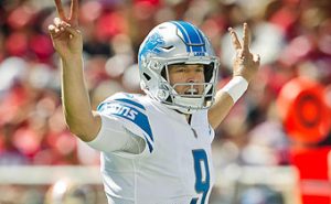 Lions Quarterback signals an offensive change during a game against the San Francisco 49ers at Levi's Stadium