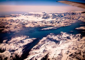 Snow covered mountains of Alaska viewed from 39,000 feet.