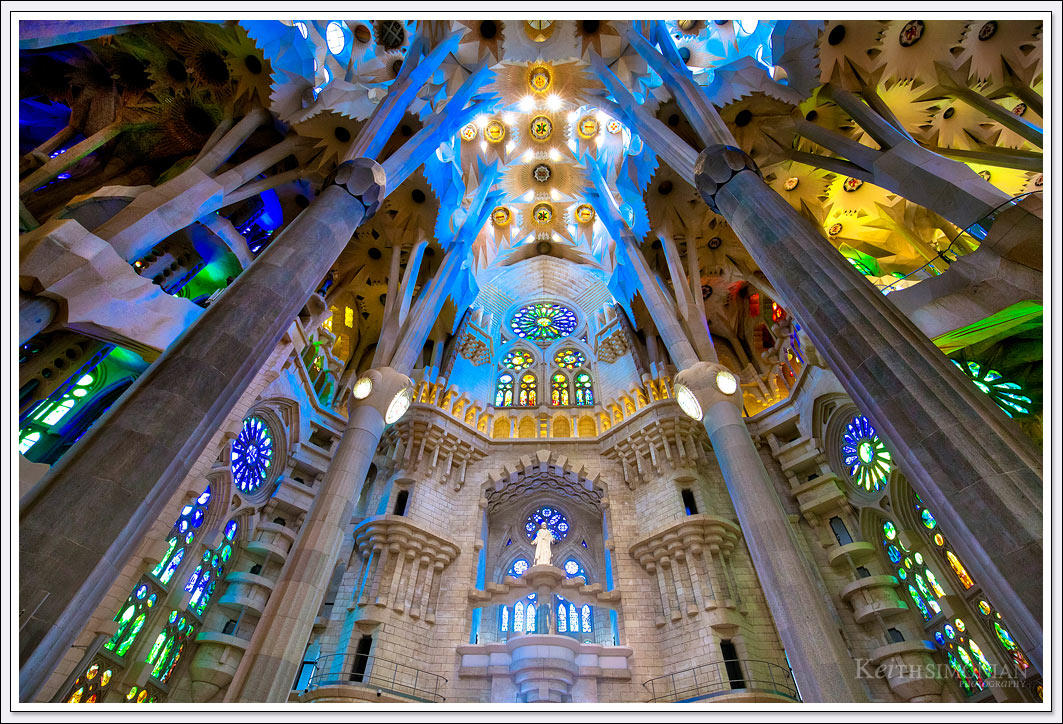 The magnificent colors from the ceiling of the La Sagrada Familia Basilica in Barcelona Spain.