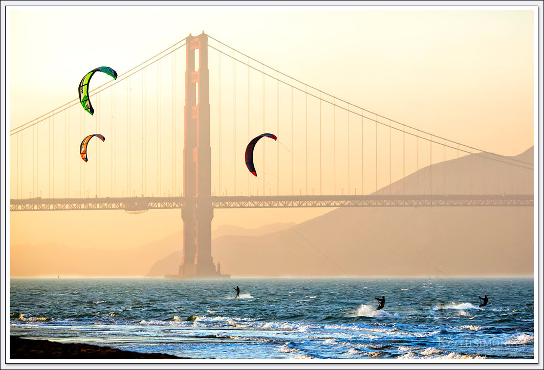 Kite and Wind surfing in the San Francisco Bay with the Golden Gate Bridge as a backdrop. 