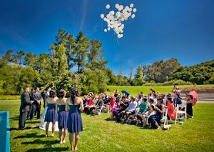 Guests watch as balloons are released during Pulgas Temple Wedding