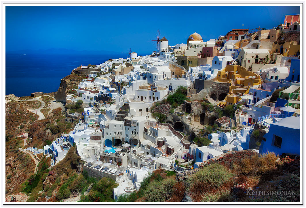 View of the many painted white buildings in Santorini, Greece