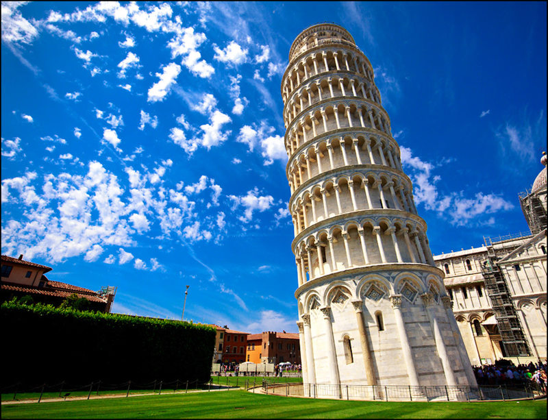 Leaning Tower of Pisa viewed from the less popular side.
