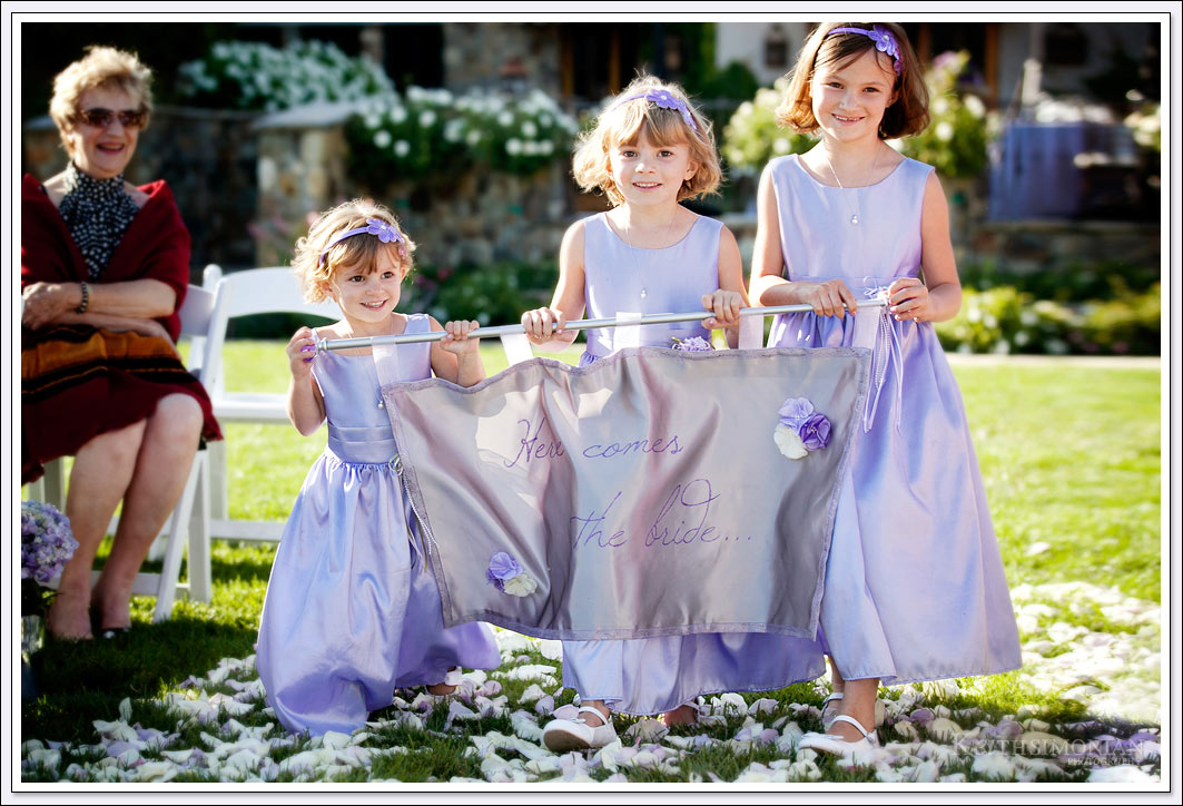 Flower girls with Here Comes the Bride sign - Clos LeChance Winery - San Marin, California 