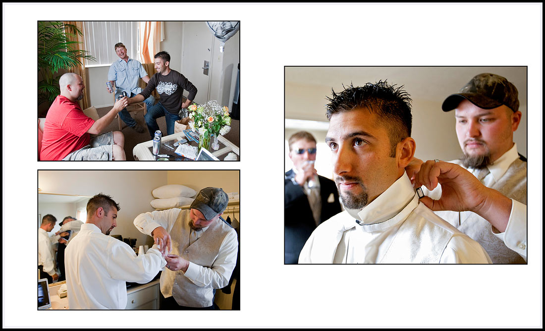 Groom and groomsmen getting ready before wedding ceremony - Monterey, CA