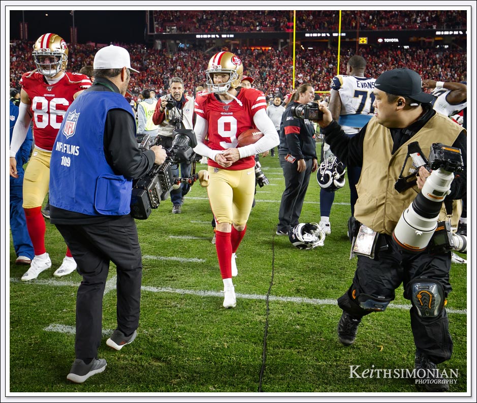 San Francisco 49ers kicker Robbie Gould walks off the field after kicking the game winning field goal against the Los Angeles Rams.