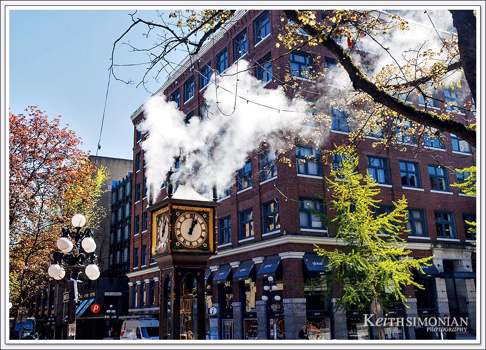 The steam clock in Gastown Vancouver whistles on the hour.
