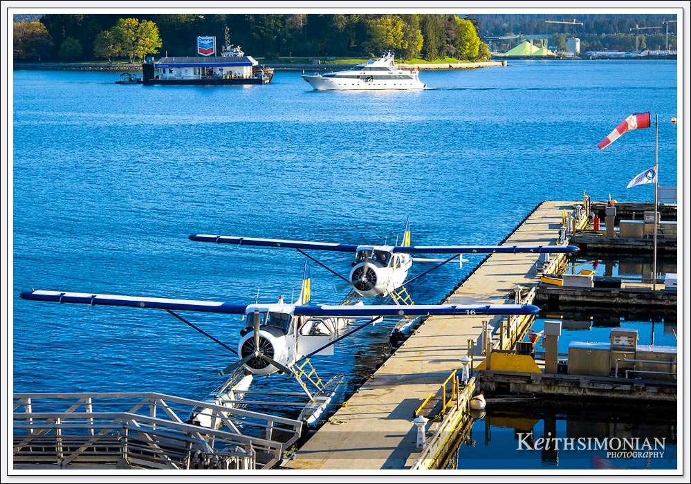 Harbour Air seaplane warming up it's engine - Vancouver Harbour - Vancouver British Columbia - Canada.