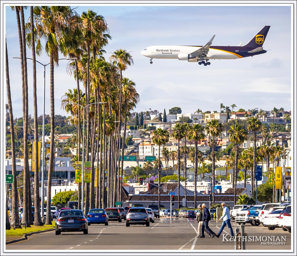 A UPS cargo plane landing at San Diego International Airport.