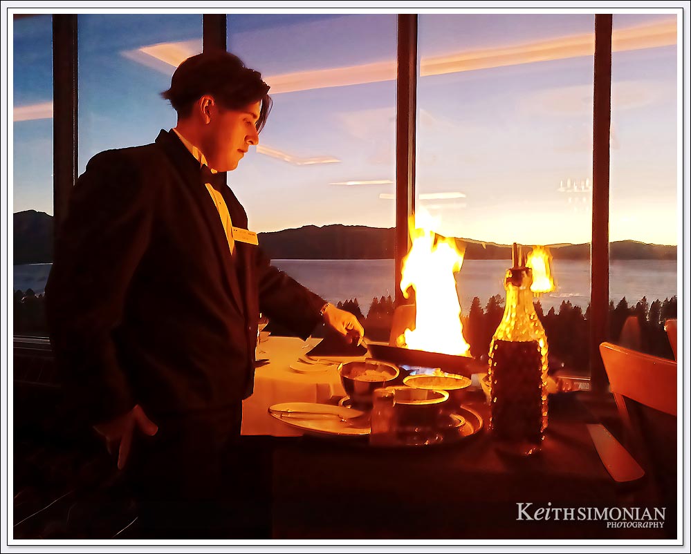 Flaming dessert served at sunset in the Sage Room Steak House in Caesars Republic in South Shore Lake Tahoe.