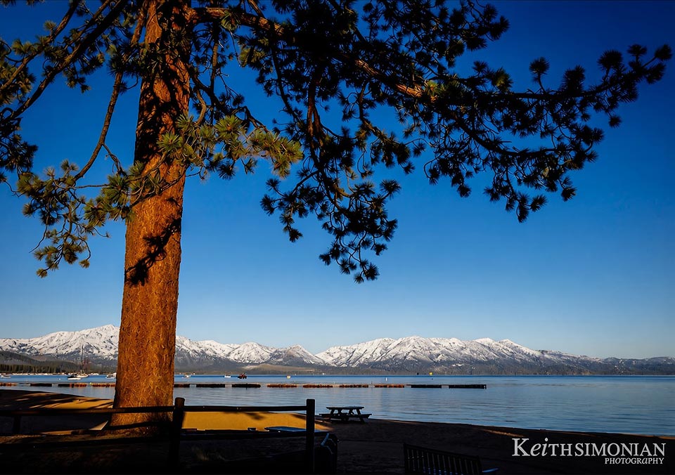 AI generated snow on the mountains of Lake Tahoe.