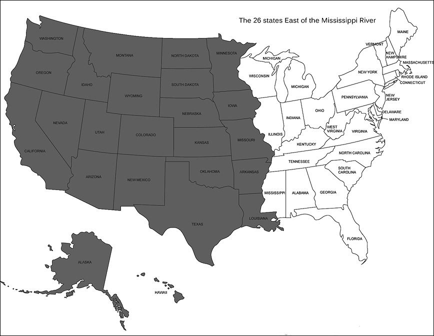 Map showing the twenty four (26) US States East of Mississippi River in white