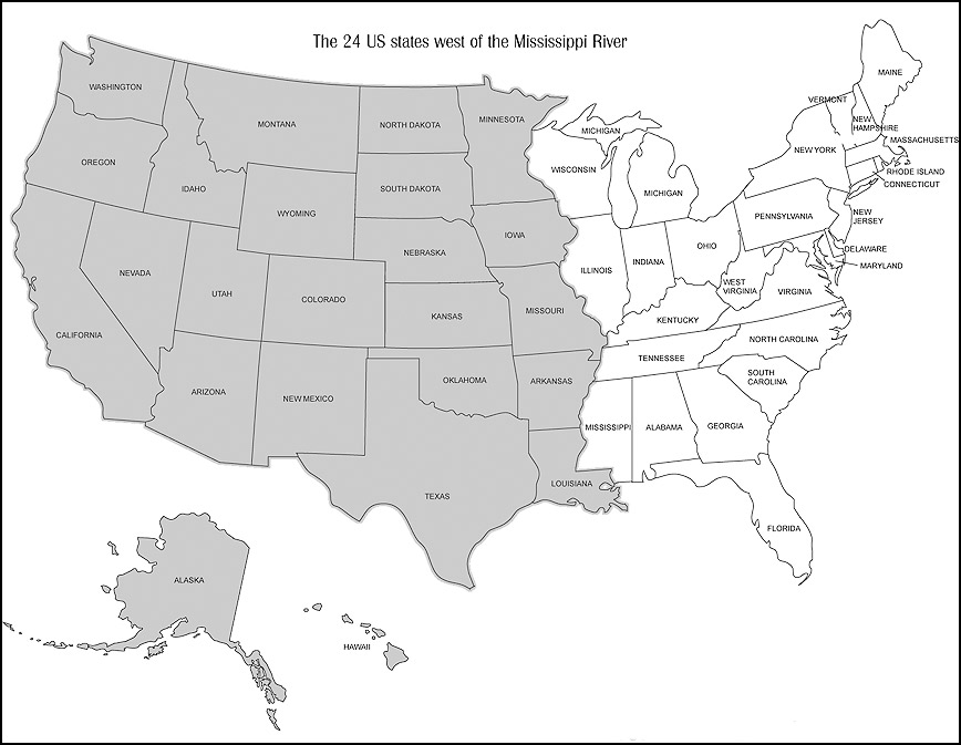 Map showing the twenty four (24) US States West of Mississippi River in gray